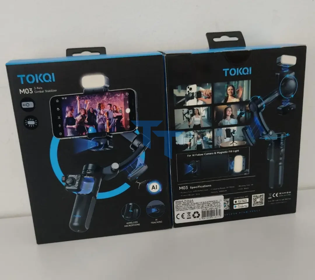 TOKQI M03 3 Eksenli Gimbal Stabilizer (AI Takip + Kablosuz Mikrofon + Işıklı)